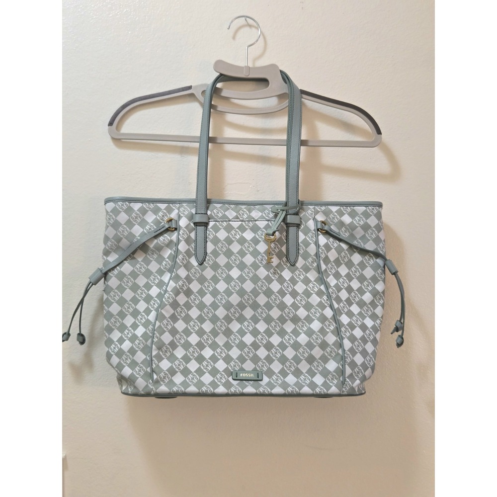 Fossil Tote Bag Light Sage Green Charli Checkerboard Jacquard Purse SHB2890336